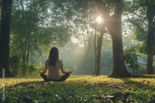 A photo of a woman meditating in a peaceful park at sunrise, with soft light filtering through the trees, emphasizing mindfulness and inner peace
