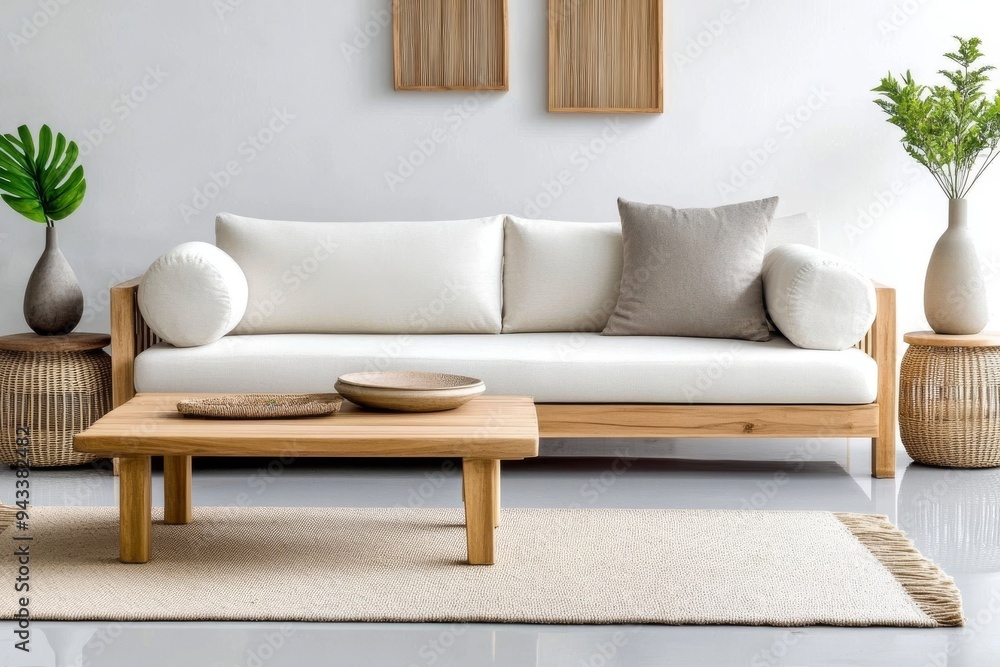 Modern Living Room with Wooden Furniture, White Sofa, and Beige Rug Modern Living Room with Wooden Furniture, White Sofa, and Beige Rug