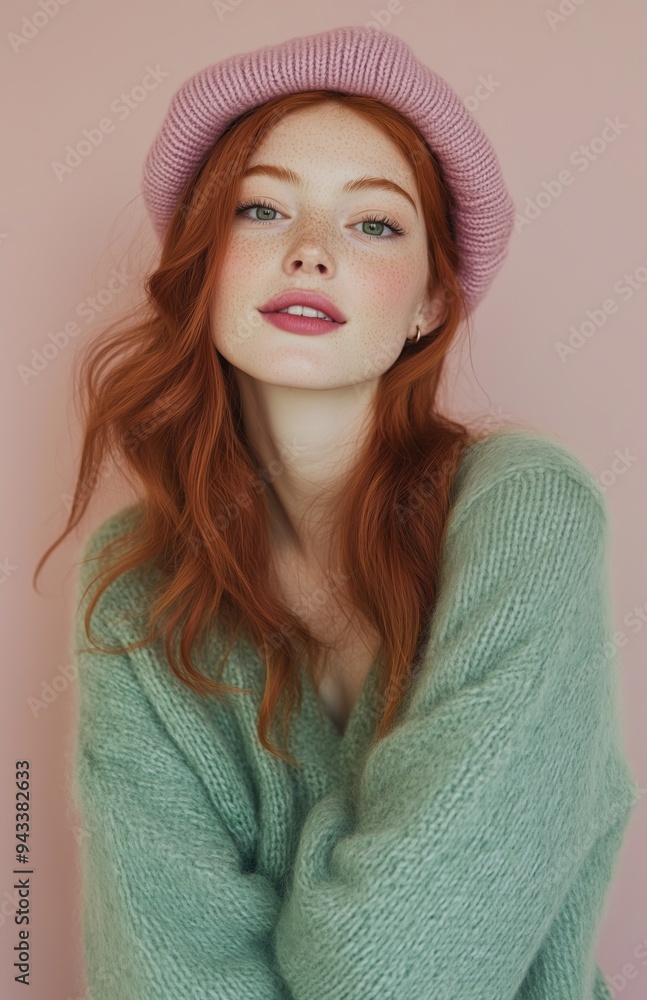 Fototapeta premium A cheerful young redhead in a green sweater and pink beret, smiling warmly
