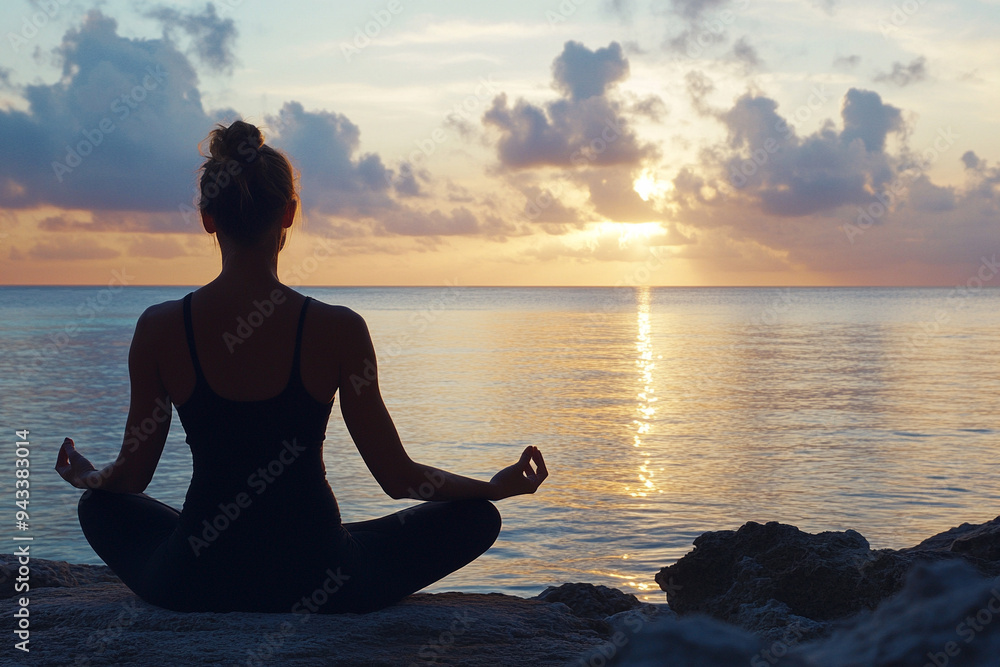 photo of a woman meditating in front of a calm sea with clear water at sunrise, with soft light filtering through the clouds, emphasizing mindfulness and inner peace photo of a woman meditating in front of a calm sea with clear water at sunrise, with soft light filtering through the clouds, emphasizing mindfulness and inner peace