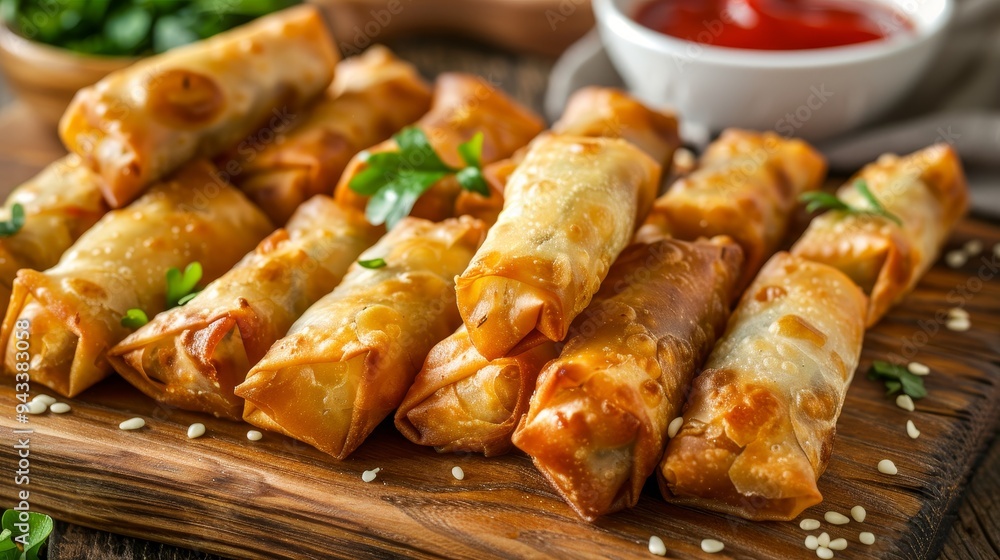 Crispy Fried Spring Rolls with Chili Sauce Dip, Delicious Asian Appetizer on Rustic Wooden Board Crispy Fried Spring Rolls with Chili Sauce Dip, Delicious Asian Appetizer on Rustic Wooden Board