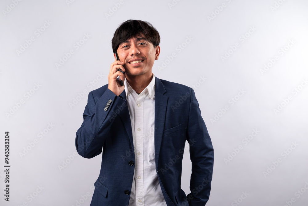 A surprised Asian businessman in a navy blue suit holds a smartphone to his ear, reacting with shock during a phone call. The white background emphasizes his expression A surprised Asian businessman in a navy blue suit holds a smartphone to his ear, reacting with shock during a phone call. The white background emphasizes his expression