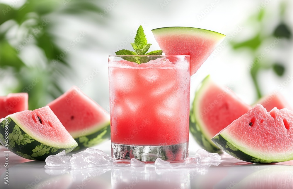 Watermelon juice in a glass with fresh slices, on a white background, close up Watermelon juice in a glass with fresh slices, on a white background, close up