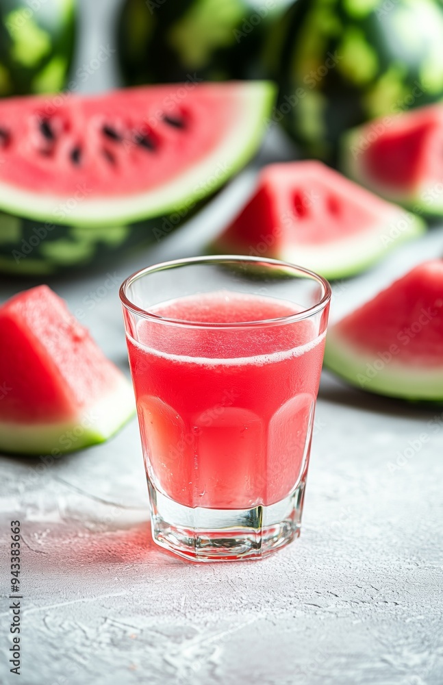 Watermelon juice in a glass with fresh slices, on a white background, close up Watermelon juice in a glass with fresh slices, on a white background, close up