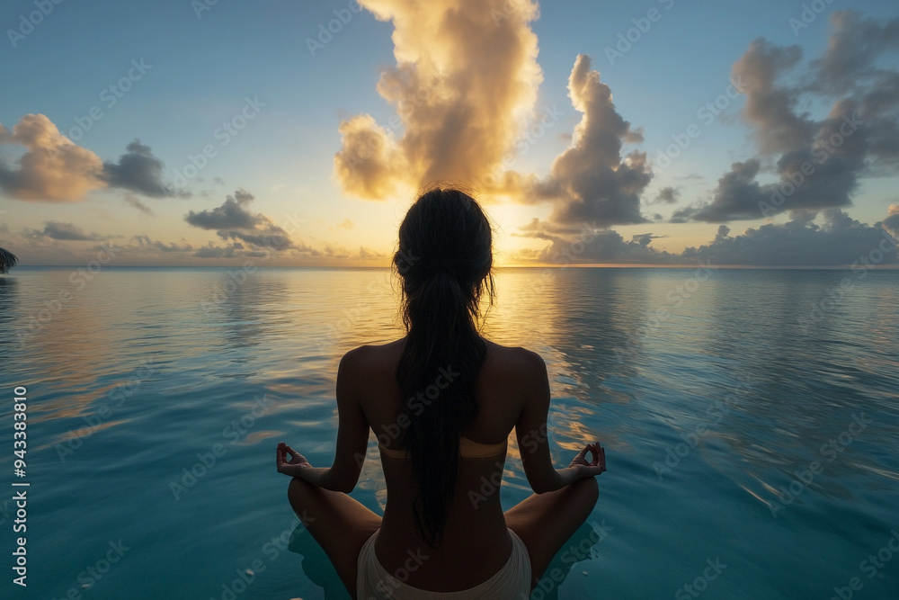 Φωτογραφία photo of a woman meditating in front of a calm sea with clear water at sunrise,