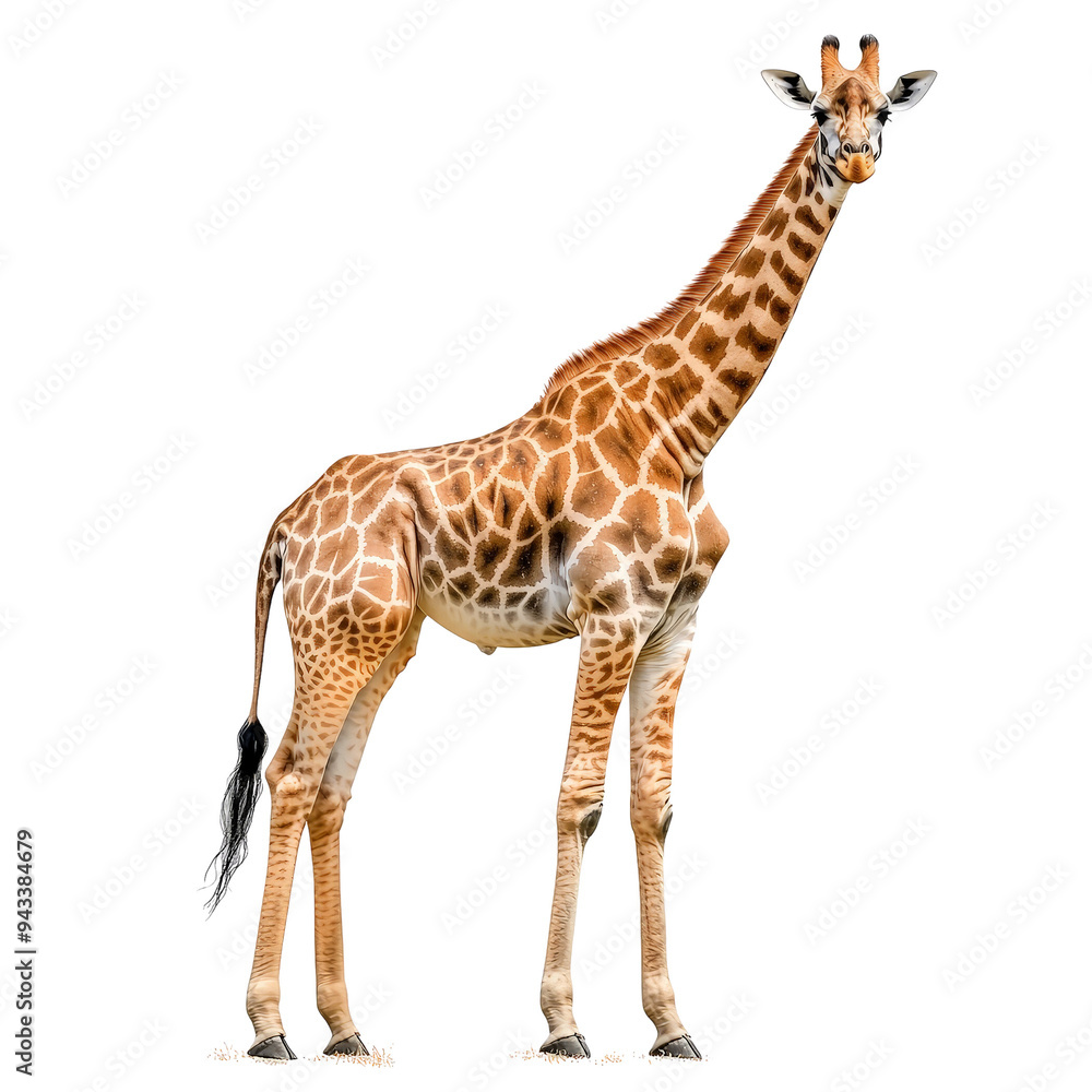 Fototapeta premium Explore the Graceful Presence of a Giraffe Standing Tall Against a Dark Background, Symbolizing Nature's Beauty