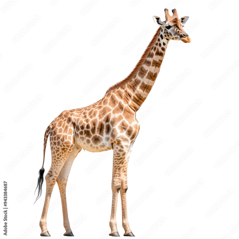 Fototapeta premium A Majestic Giraffe Gracefully Standing Against a Striking Black Background, Showcasing Nature's Elegance and Beauty