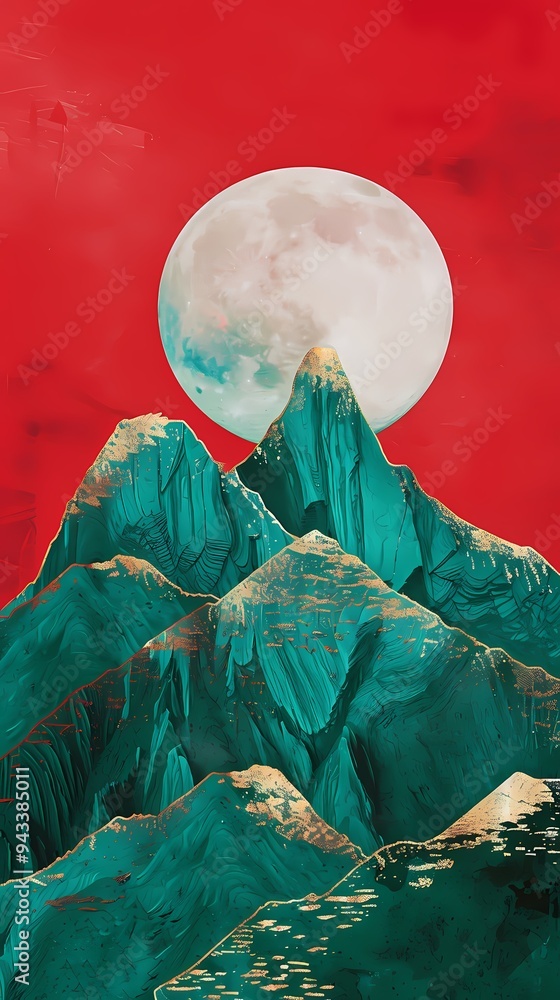 Fototapeta premium Green mountains gold foil moon illustration poster background
