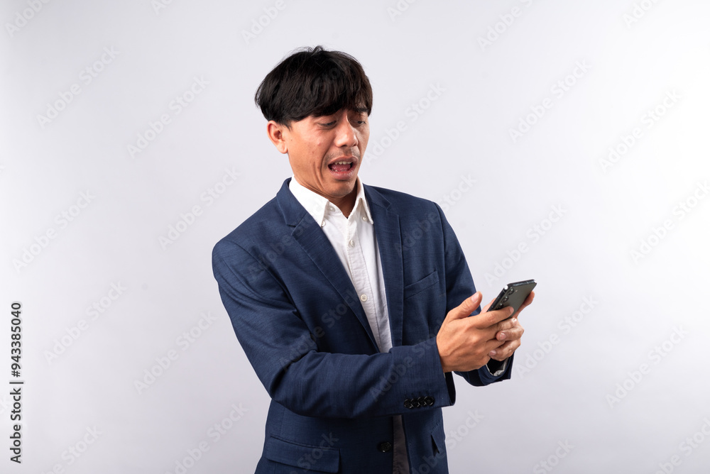 A surprised Asian businessman in a navy blue suit looks at his smartphone with a shocked expression. He holds the phone with both hands, unexpected notification. White background. A surprised Asian businessman in a navy blue suit looks at his smartphone with a shocked expression. He holds the phone with both hands, unexpected notification. White background.