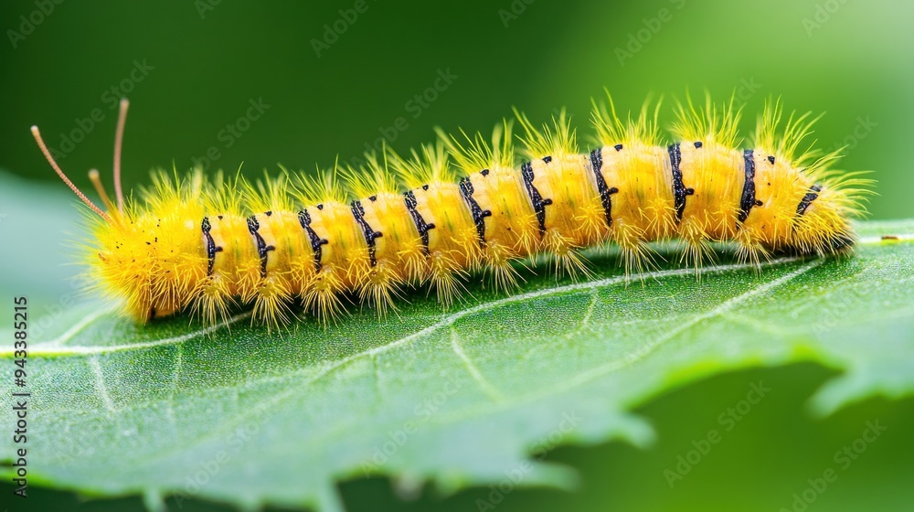 Yellow Caterpillar with Black Stripes on Green Leaf Yellow Caterpillar with Black Stripes on Green Leaf
