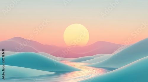 Abstract Sunset Landscape with River.