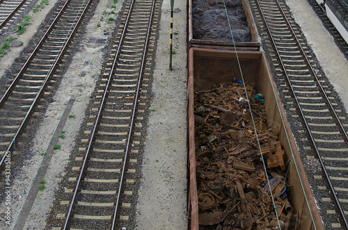 A rusted train container filled with mixed scrap is on its way to a recycling facility to recover valuable raw materials.
The container, heavily corroded and loaded with assorted scrap.