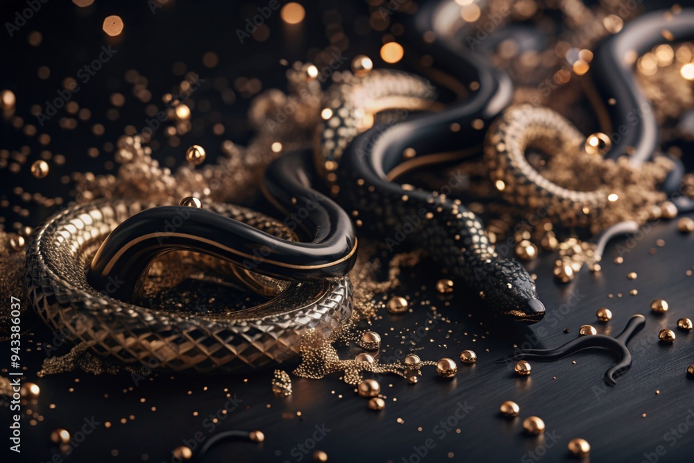 Happy New Year 2025. The symbol of the year is a snake made of gold metal, confetti and sequins on a black background. A festive poster or banner for a party and New Year's Eve. Happy New Year 2025. The symbol of the year is a snake made of gold metal, confetti and sequins on a black background. A festive poster or banner for a party and New Year's Eve.