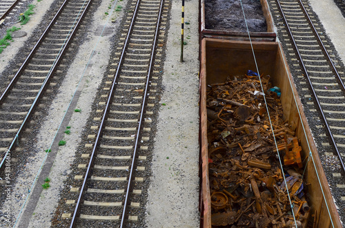 A rusted train container filled with mixed scrap is on its way to a recycling facility to recover valuable raw materials.
The container, heavily corroded and loaded with assorted scrap.