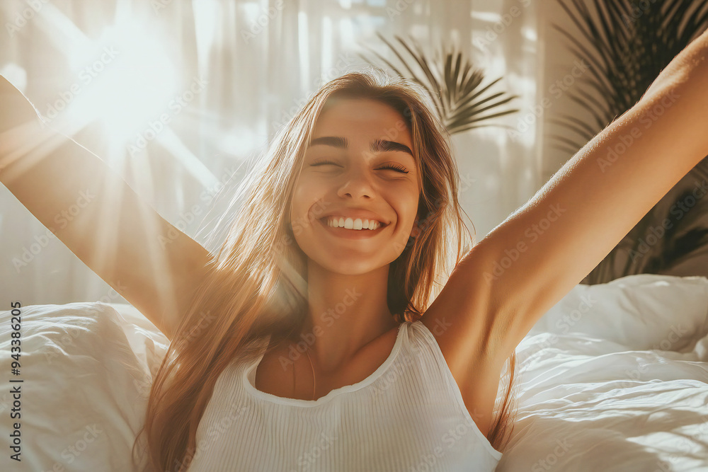 Morning Beautiful woman, full of happiness, stretched out on the bed in the morning after a sound sleep. Morning Beautiful woman, full of happiness, stretched out on the bed in the morning after a sound sleep.