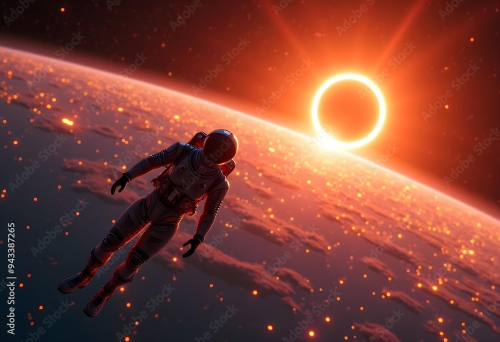 Naklejka premium Astronaut Floating in Space During a Solar Eclipse
