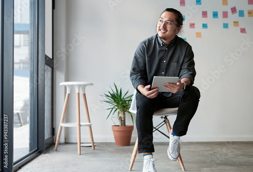 Tablet, thinking and Asian business man with creative idea, mindset or planning future. Vision, tech and happy worker in startup office for insight, solution or inspiration for design project online