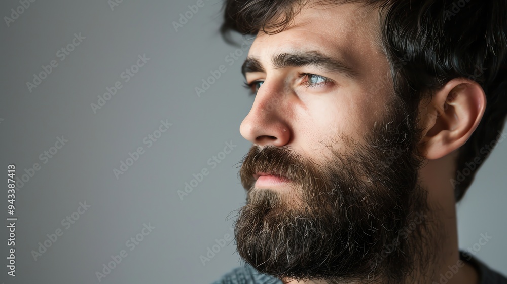 A man with a beard and brown hair looks thoughtfully to the side. A man with a beard and brown hair looks thoughtfully to the side.