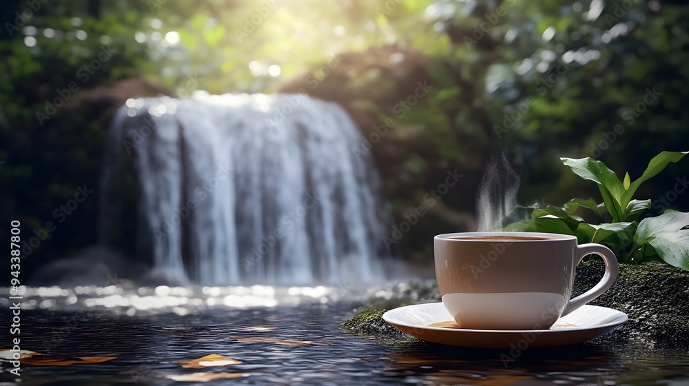 Tranquil Waterfall Retreat with Refreshing Coffee Break in Lush Forest Scenery Tranquil Waterfall Retreat with Refreshing Coffee Break in Lush Forest Scenery