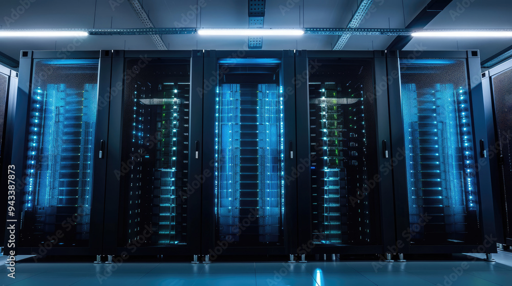 Network servers storing data in a datacenter with bright lights Network servers storing data in a datacenter with bright lights