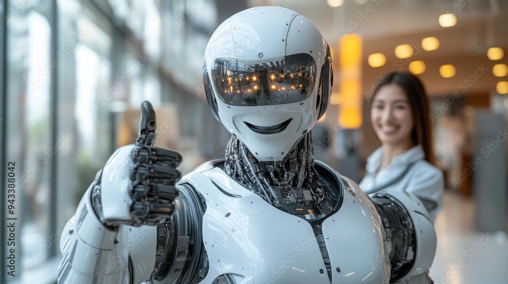 Smiling Robot Giving Thumbs Up with a Woman in the Background | Generative AI Smiling Robot Giving Thumbs Up with a Woman in the Background | Generative AI