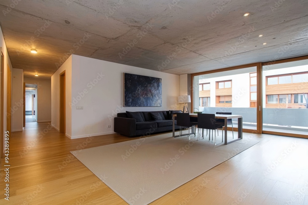Minimalist living room in Japanese style with large artwork on the wall, black round table and chairs Minimalist living room in Japanese style with large artwork on the wall, black round table and chairs