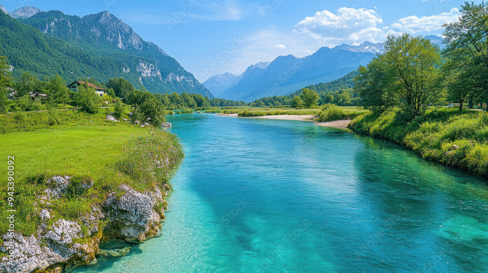 Turquoise so a river flowing through green valley in slovenia Turquoise so a river flowing through green valley in slovenia