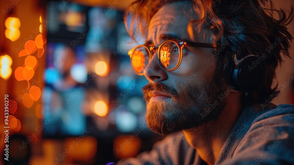 A contemplative young man with glasses immersed in digital creativity during a cozy evening at home. Generative AI A contemplative young man with glasses immersed in digital creativity during a cozy evening at home. Generative AI