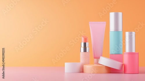 Assorted cosmetics collection, vibrant colors and sleek packaging, 3D illustration