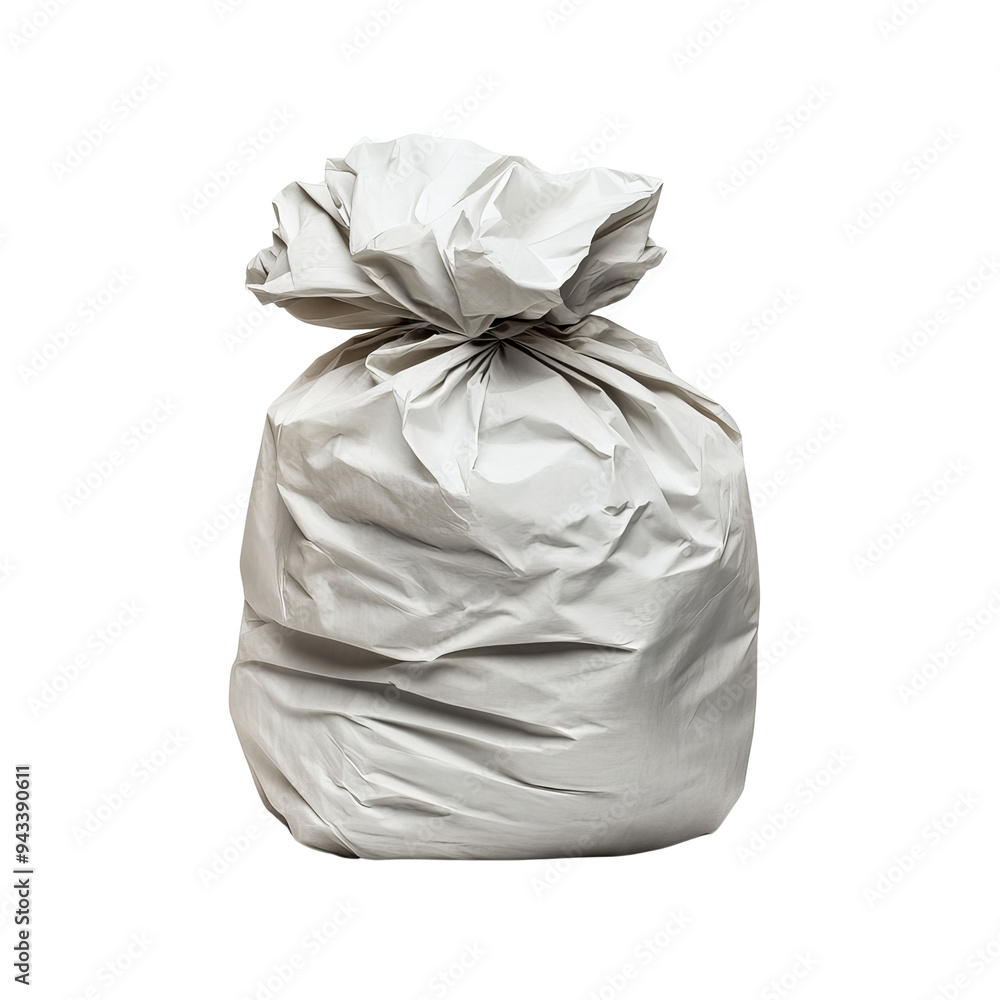 A neatly tied, crumpled white garbage bag, ideal for waste disposal or environmentally friendly projects. A neatly tied, crumpled white garbage bag, ideal for waste disposal or environmentally friendly projects.