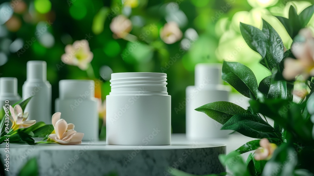 Elegant skincare containers, blank packaging, modern aesthetic, soft lighting, 3D illustration