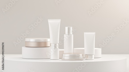 Empty skincare jars and tubes, neutral-toned packaging, elegant display, 3D illustration