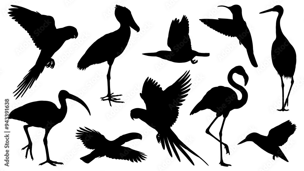 Obraz premium Black silhouette illustrations of various birds isolated on transparent background