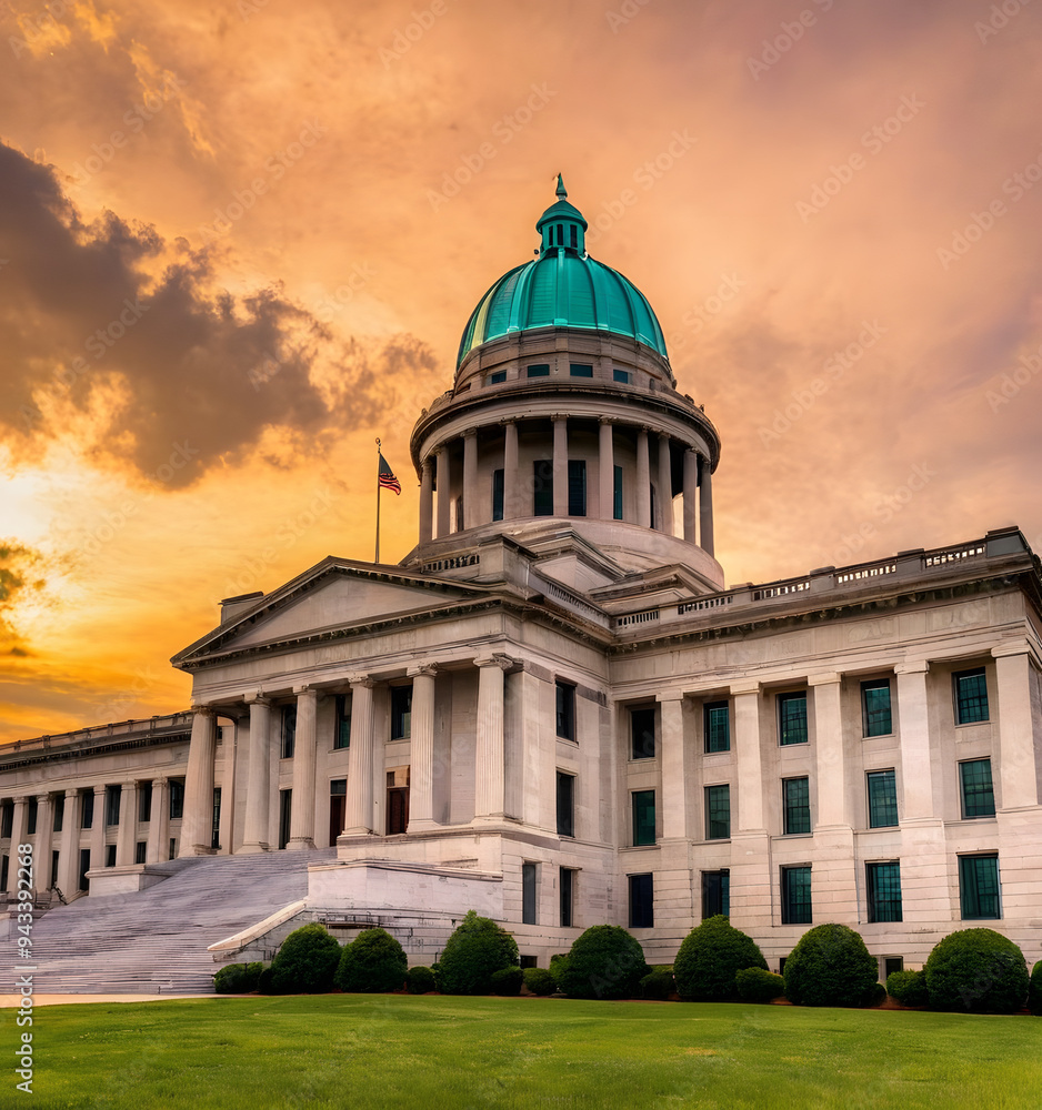 Obraz premium The New Hampshire state capitol building, distinguished by its golden dome and elegant design, set in a scenic landscape.