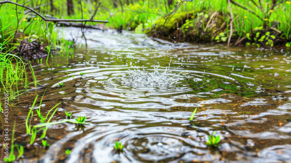 Close-up of ripples forming in a forest stream, surrounded by lush green plants, capturing the essence of nature's tranquility.
Close-up of ripples forming in a forest stream, surrounded by lush green plants, capturing the essence of nature's tranquility.