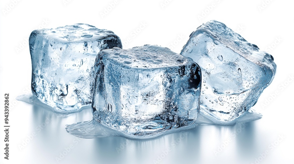 Obraz premium Three Melting Ice Cubes on a White Surface Generative AI