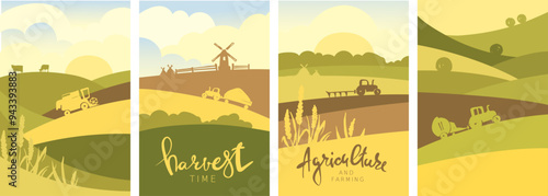 Abstract rural landscape. Set vector illustration, fields and green hills and agricultural machinery, windmill and and ears of grain