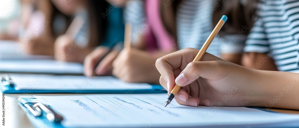 Close-up of Asian students writing in exam hall, sunny day, soft light, blurry background, candid shot. Close-up of Asian students writing in exam hall, sunny day, soft light, blurry background, candid shot.