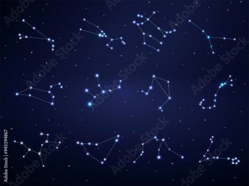 12 zodiak constellations on starry sky