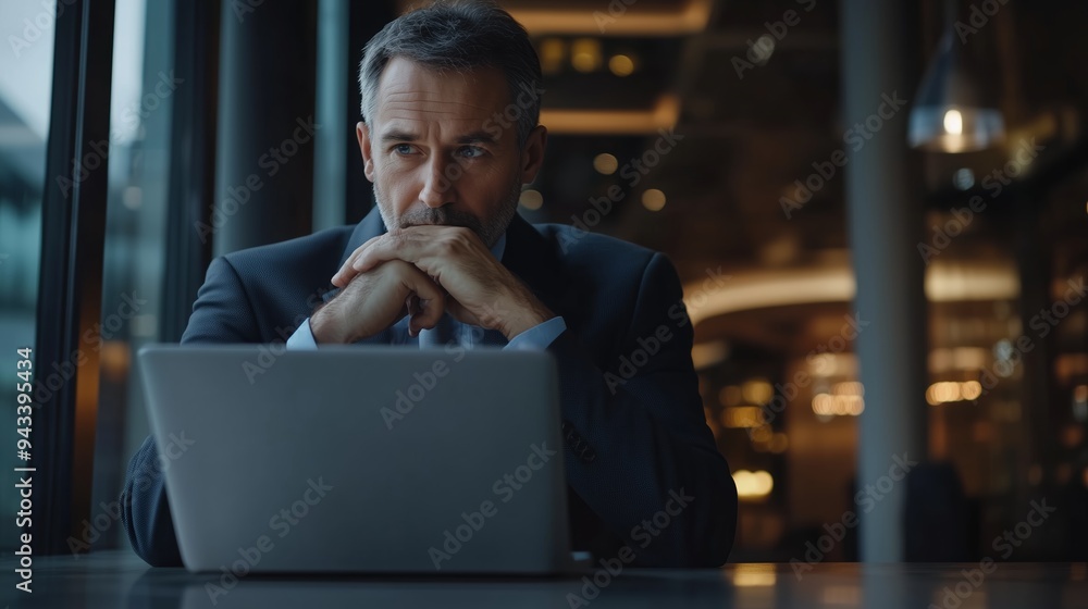 Professional man in a suit contemplating focused on his laptop in a modern office setting during evening hours Professional man in a suit contemplating focused on his laptop in a modern office setting during evening hours
