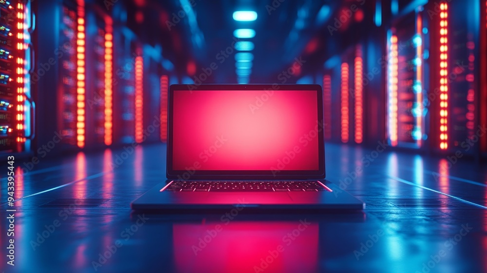 Laptop in Data Center with Neon Lights Generative AI Laptop in Data Center with Neon Lights Generative AI