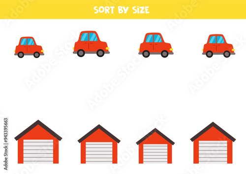 Matching game for preschool kids. Match red cars and garages by size.
