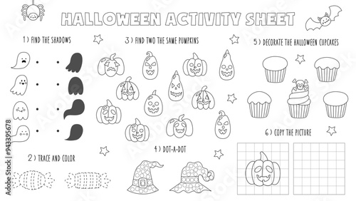 Vector Halloween playmat for kids. Halloween activity sheet. Black and white worksheet.