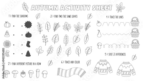 Vector autumn playmat for kids. Fall activity sheet. Black and white worksheet.