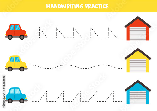 Tracing lines for kids. Cartoon colorful cars and garages. Handwriting practice for children.