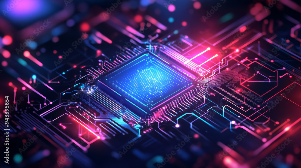Abstract digital technology background featuring an isometric AI chip with an AI hologram. Includes a circuit tech background with connected lines and electric lightning. Showcases a bright neon blue
Abstract digital technology background featuring an isometric AI chip with an AI hologram. Includes a circuit tech background with connected lines and electric lightning. Showcases a bright neon blue