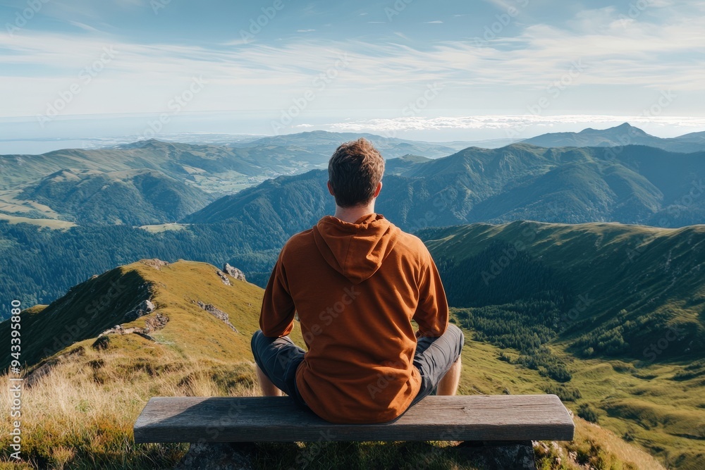 Fototapeta premium A serene image of a man wearing an orange hoodie, sitting on a bench, contemplating the vast mountain landscape, depicting calm and connection with nature.