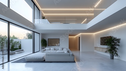Modern empty high-ceilinged apartment with clean lines and contemporary finishes, ready for interior design ideas and mockups.