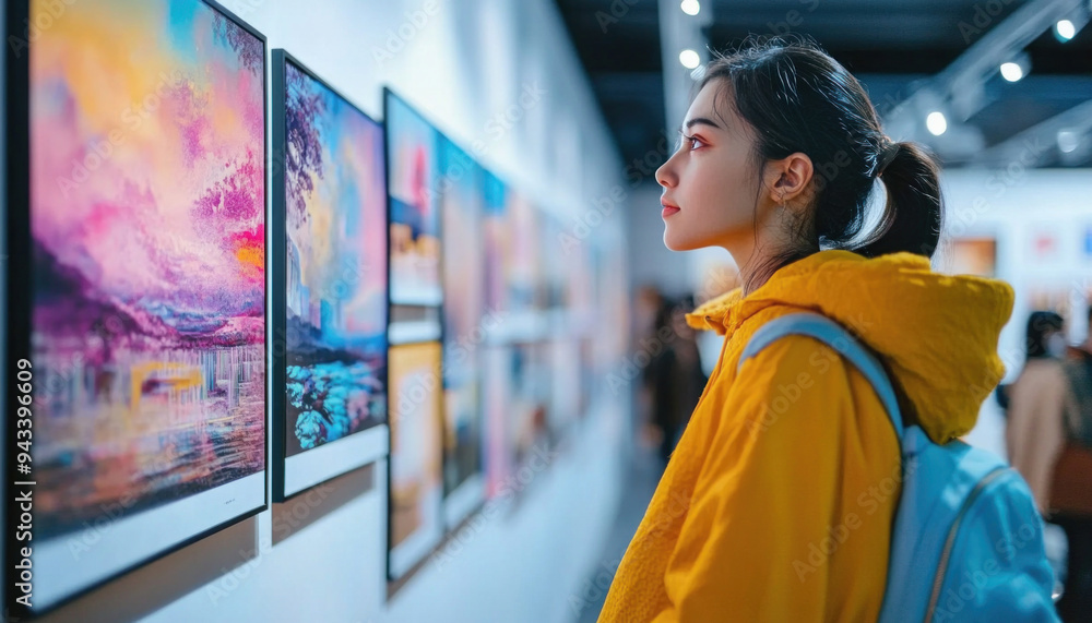 Woman looking at abstract colorful paintings in modern art gallery Woman looking at abstract colorful paintings in modern art gallery