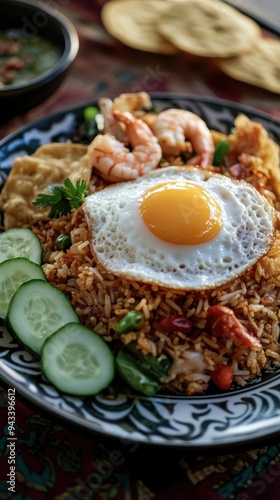 Fried rice or Nasi Goreng with Shrimp, Chicken, Egg Topping and Prawn Crackers 